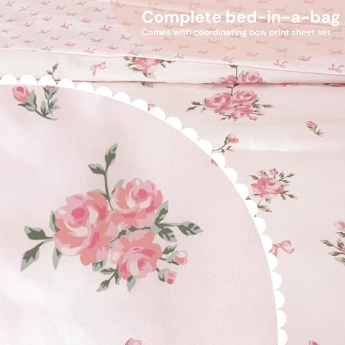 Image of BLOOMHAVEN Full Size Comforter Set for Girls, 7 Pieces Rose Flower Bedding Set with Pink Bow, All Seasons Kids Bed in a Bag with Sheets, Pillowcases & Shams