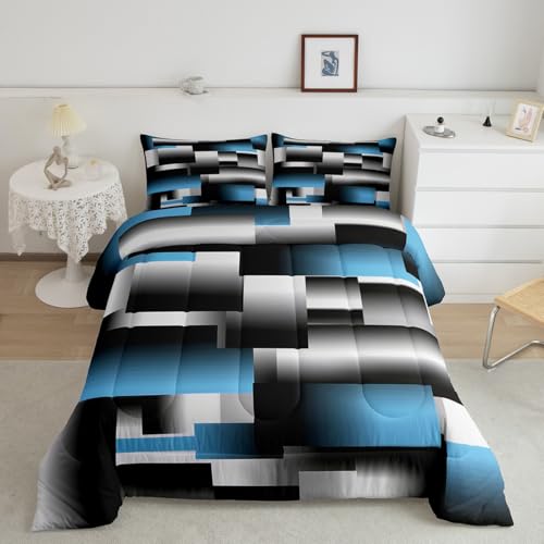Feelyou Black Blue Geometric Comforter Set Kids 3D Rendering Abstract Art Comforter for Women Men Geometry Rectangle Bedding Set Breathable Modern Duvet Set Room Decor Quilted Set Twin Size