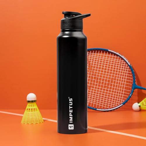 Image of IMPETUS Stainless Steel Water Bottle Sipper 1L (1000ml) Leakproof, Rust free metal bottle & Lightweight Best use for Gym, Office, School, Travel & Fridge- Black