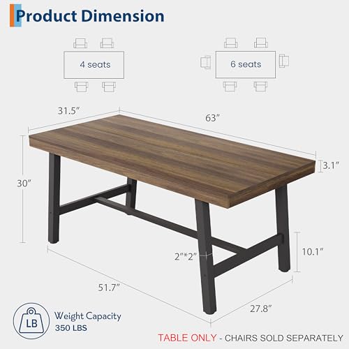 Image of GarveeHome Industrial Dining Table for 4-6 People, 63 inch Long Large Kitchen Table with Sturdy Metal Frame, Rectangular Counter for Dinner, Kitchen, Dining Room (Brown, 63 inch Non-extendable)