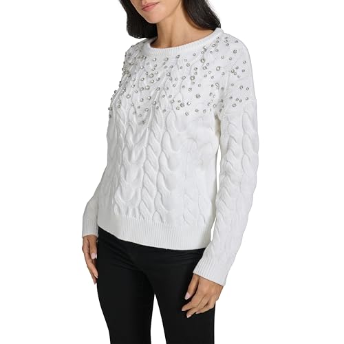 Calvin Klein Women's Cable Crew Neck Crystal Studs Sweater3