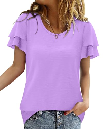 CRAZY GRID Women's Shirts Summer Casual Crewneck Ruffle Short Sleeve Blouses Cute Floral Print Tunic Tops