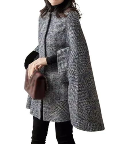 xxxiticat Women's Cape Coat 3/4 Quarter Sleeve Single Breasted Button Plaid Cloak Poncho Jacket Pea Coat Winter Outerwear