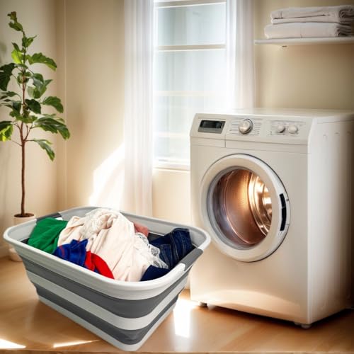 Image of SMMART Collapsible Plastic Laundry Basket with Handle /Foldable Pop Up Storage Hamper /Portable Laundry Organizer-Space Saving Washing Tub /Household Storage Supplies (Grey /Steel Grey, 42L (Set of 2))