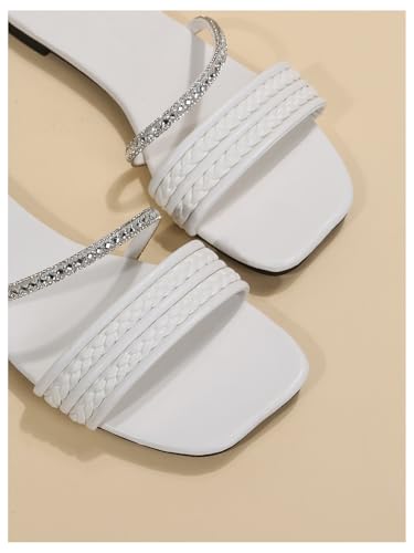 Image of GORGLITTER Women's Rhinestone Sparkly Flat Sandals Glitter Strappy Wedding Braided Prom Leather Square Toe Slide Shoes