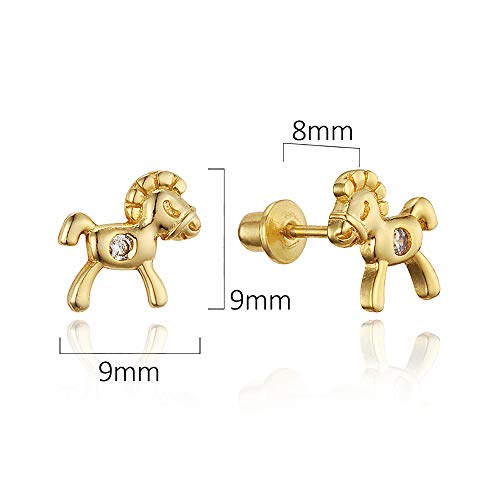 14k Gold Plated Brass Horse Cubic Zirconia Screwback Baby Girls Earrings with Sterling Silver Post2