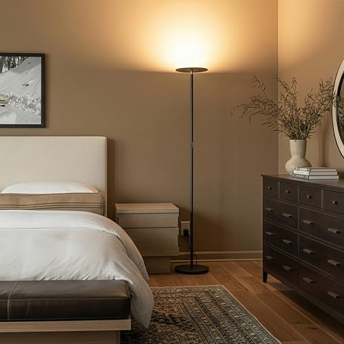 Image of Brightech Sky LED Floor lamp, Torchiere Super Bright Floor Lamp for Living Room Decor & Office - Dimmable, Tall Standing Torch Lamp with Warm Light for Bedroom & Reading - Black