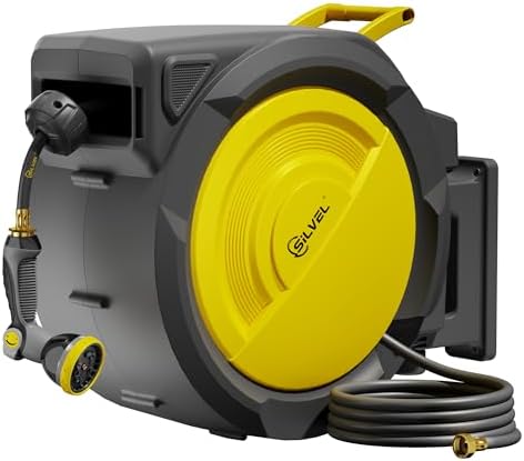 SILVEL Retractable Garden Hose Reel – 1/2 in x 150FT Heavy Duty Automatic Hose Reel Wall Mounted, UV Resistant with 10 Pattern Nozzle, Any Length Lock & Slow Return System, 180°Swivel Bracket, Yellow