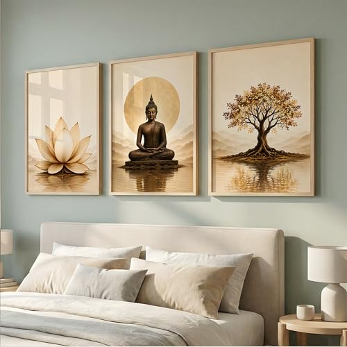Image of Set of 3 Buddha Wall Art Paintings for Living Room | Lotus Flower & Tree of Life Spiritual Wall Decor | Meditation Zen Wall Paintings for Home, Bedroom, Office & Meditation Room (13x19 Inches)