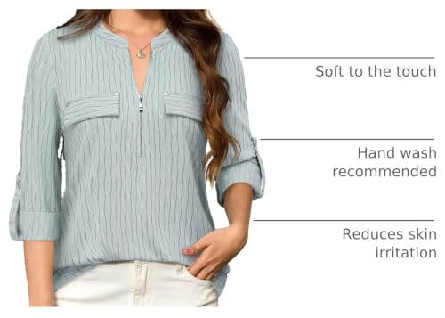 Image of Bulotus 3 /4 Length Sleeve Womens Striped Tops Zipper V Neck Collared Blouses Business Casual Tunics 2026 Spring Trendy