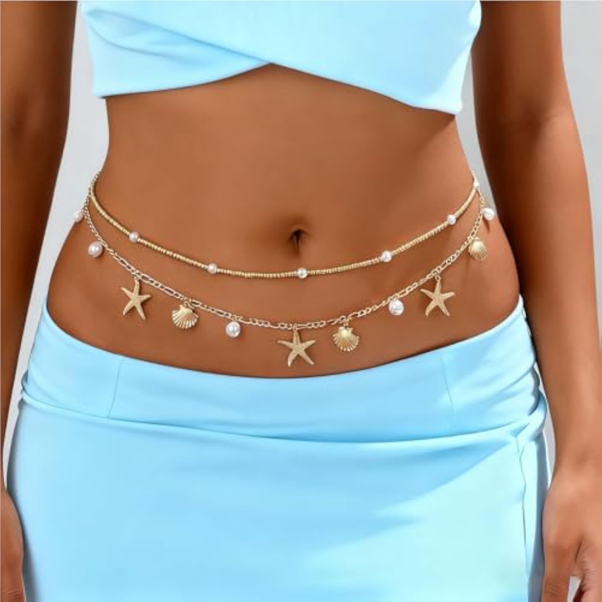 Women's Gold Plated Starfish & Seashell Waist Chain, Adjustable