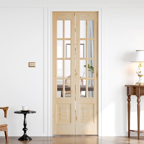 Roymelo Bifold Doors for 3280 Opening Clear Glass French Interior Folding Barn Door with Concealed Hardware Kit Included Spruce Wood Support DIY Dyeing Preassembled Door Save Space