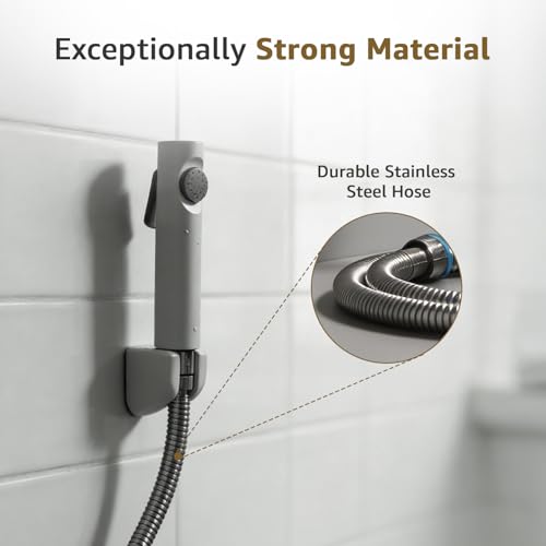 Image of Amazon Basics Health Faucet for Bathroom, White Coated ABS Plastic Body with 1 Meter Stainless Steel Flexible Hose Pipe and Wall Hook, White, Jet Spray for Toilet