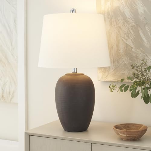 Image of Nourison Home 23 inch Dark Purple Distressed Ceramic Pot Table Lamp for Bedroom, Living Room, Dining, Office, with White Shade
