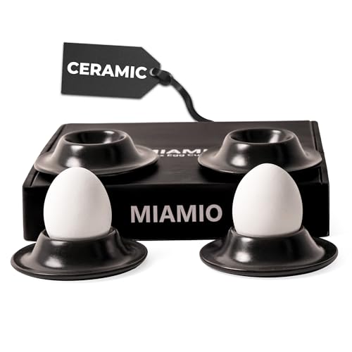 MIAMIO – Egg Cups 4-Piece Ceramic Set, Stoneware Egg Cups with Tray for Eggshells, Breakfast Egg Cup in Restaurant Quality – Dishwasher Safe (Black)