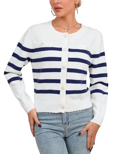 Women's Crew Neck Striped Cardigan Sweater Button Down Sweater