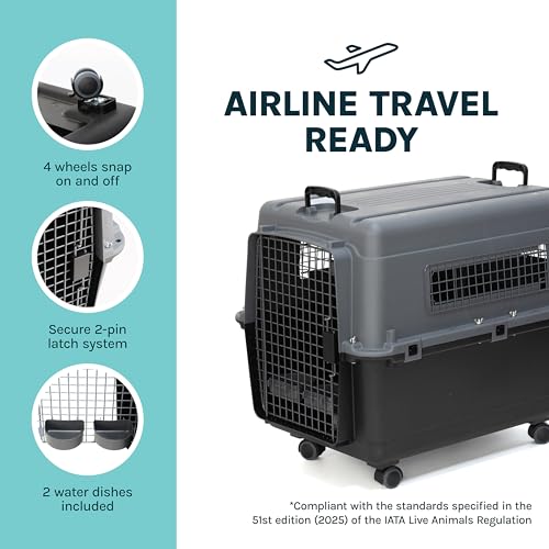 Image of SportPet Airline Compliant LARGE 31.5 inch Travel Dog Kennel- Durable Plastic Airline Pet Carrier w / Removable Wheels & Food Bowls, Collapsible Indoor /Outdoor Dog Kennel, Dogs up to 28 inchL & 20 inchH-Dark Gray