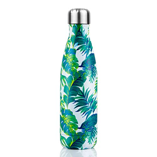 Bottiglia Acqua in Acciaio Inox, Borraccia Termica Senza BPA Bottiglia Termica Isolamento Sottovuoto a Doppia Parete Borracce Per 24 Ore Fredde e 12 Ore Calde (Foglia Banana, 500ml)