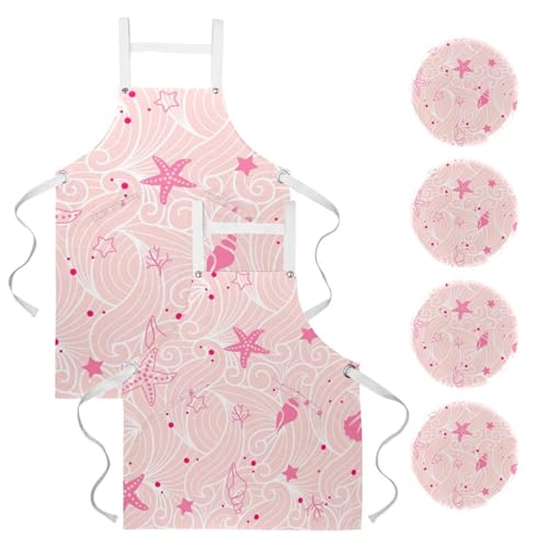 Tablier de cuisine lot de 2 avec broches motif étoile de mer multicolore