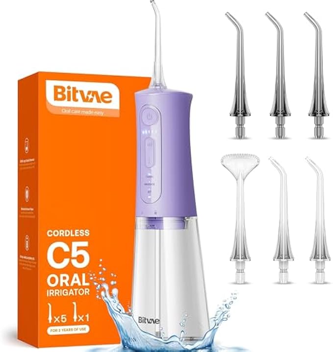 Bitvae C5 Water flosser for Teeth, Cordless Water Teeth Cleaner Picks, IPX7 Waterproof Water Flosser, 3 Modes 6 Jet Tips, USB Rechargeable Water Dental Picks for Cleaning - Sky Blue