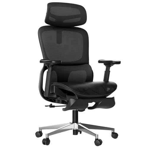 Hbada P2 Chaise de Bureau Ergonomique Fauteuil de Bureau - Soutien Lombaire 3D, Accoudoirs 3D 360° Rotatifs, Appui-Tête 3D Réglable, Inclinaison 135° sans Crans, Tissu Mesh, Noir avec Repose-Pieds