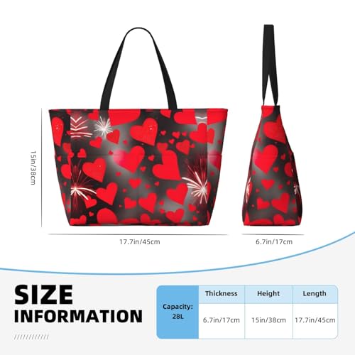 Red Hearts Firework Extra Large Tote Bag For Women,Foldable Beach Bag With Pocket Weekender Travel Overnight Bag4