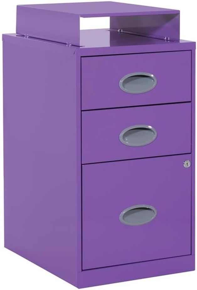 Pemberly Row 3-Drawer Locking Metal File Cabinet, 14.25"W x 18"D x 27.75"H, Purple Finish, Raised Top Shelf, Durable Letter Size File Rack, Smooth Glide Drawers, for Home or Office Document Storage