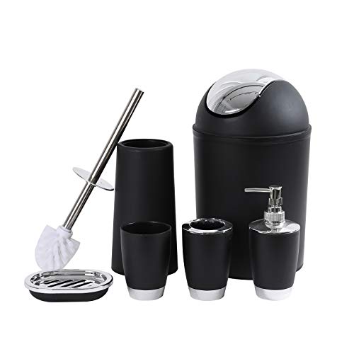 YCOCO Bathroom Accessories Set,6 Pcs Plastic Bathroom Accessories,Toothbrush Holder,Mouthwash Cup,Soap Dispenser,Soap Dish,Toilet Brush,Trash Can,Black