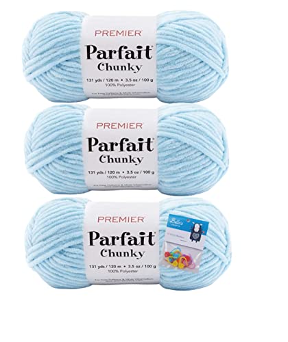 Image of Premier Yarns Parfait Chunky Chenille Yarn 3.5 Oz 6 Super Bulky Weight 3 Pack Bundle with Bella's Stitch Place Holders (Light Blue)