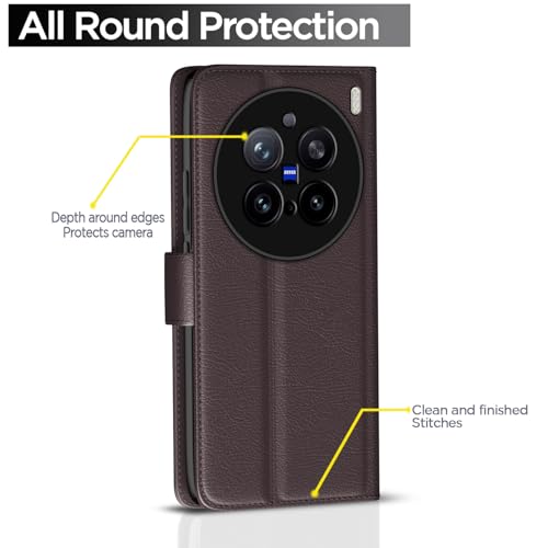 Image of Pikkme Flip Cover Leather Finish | Inside TPU with Card Pockets | Wallet Stand and Shock Proof | Complete Protection Button Flip Case for Vivo X200 Pro 5G(Coffee)