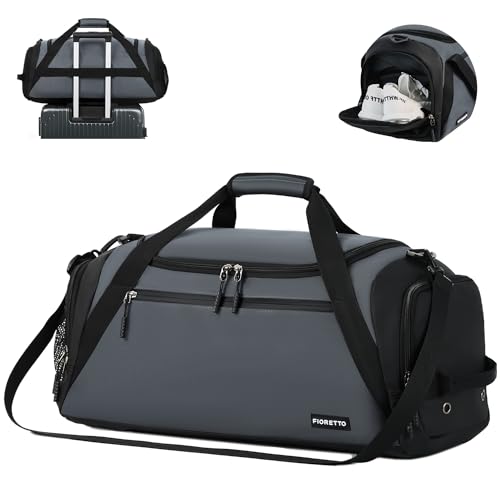 FIORETTO 45L Mens Sports Gym Bag with Wet Pocket & Shoe Compartment Travel Duffle Bag Overnight Bag with Padded Shoulder Strap Water-Resistant Holdall for Swimming Basketball Football Grey