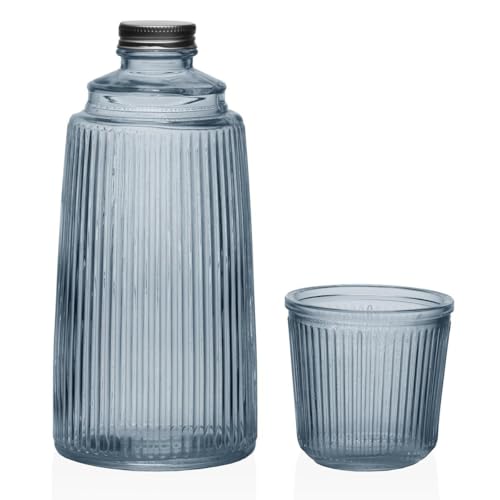 Space Home - Caraffa Vetro Trasparente e Resistente - Brocca Acqua Vetro - Caraffa Refrigerante per il tè Freddo, Acqua Calda, Fredda, Caffè, Latte, Succo e Limonata - Blu - 1100 ml