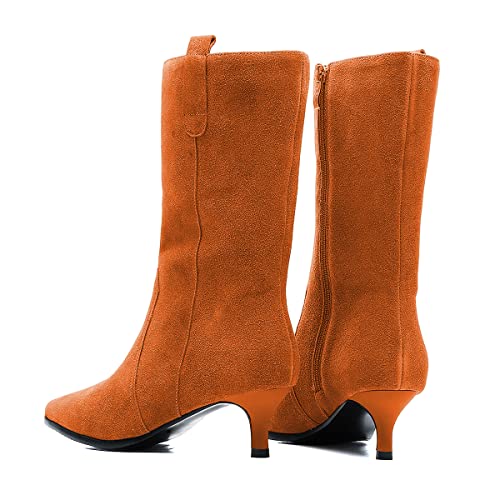 FSJ Women Fashion Suede Pointed Toe Kitten Low Heel Mid Calf Boots Side Zipper Casual Dress Walking Ladies Shoes Size 4-15 US2