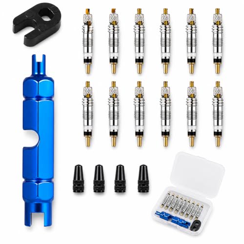 [18 UDS] Kit de Reparación de Valvulas para Bicicleta - Núcleo de Válvula de Bicicleta, Adaptadores de Válvula Presta Tubeless MTB con Llave Obuses y Repuestos para Reparación de Bicicletas