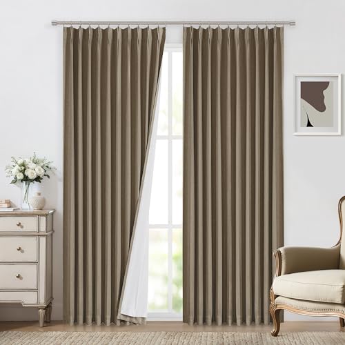 Image of Vision Home Brown Pinch Pleated Full Blackout Curtains Linen Blended 60 inch Wide Thermal Insulated Window Panels 108 inch for Bedroom Living Room Darkening Pleat Drapes with Hooks Back Tab 60 inch Wx108 Lx1