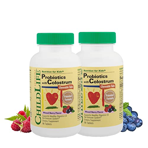 ChildLife Essentials Probiotics with Colostrum - Kids Probiotic Chewables, Maintain Healthy Digestion and Immune Function, All-Natural, Gluten-Free - Mixed Berry Flavor, 90 Count (Pack of 2)
