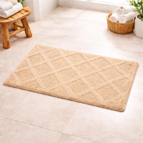 Image of Premium Combed Cotton Tufted Bathmat 50 x 80 cm, 1800 GSM Soft Absorbent Anti Skid Bathroom Floor Mat with Latex Backing, Quick Dry Non Slip Bath Rug for Shower & Daily Use, Diamond Beige
