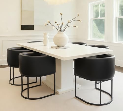 Image of HNY Mid Century Modern Upholstered Barrel Black Dining Chair with Arms, Leather Kitchen & Dining Room Chair, 18.5 inch Wide Accent Chair for Dining Room Living Room with Black Metal Frame