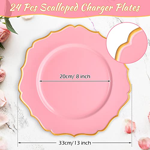 Mumufy 24 Pcs Pink Scalloped Charger Plates With Gold Rim 13 Inch Plastic Round Charger Plates Bulk Reusable Dinner Plate Chargers Decorative Plates For Home Party Wedding Kitchen Tabletop Decoration #TOP1