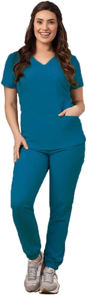 Green Town Scrubs for Women Scrub Set - Jogger Pant and V-Neck Top, 6 Pockets, Easy Care Uniforms
