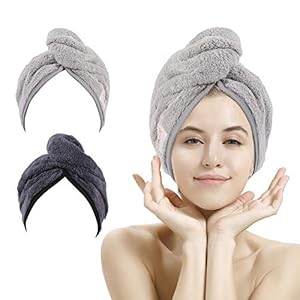 M-bestl 2 Pack Hair Drying Towels, Hair Towel Wrap, Absorbent Microfiber Hair Towel Turban with Button Design to Dry Hair Quickly(Dark Gray&Light Gray)