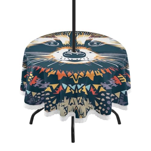 Wajiw 60 Inch Indoor Outdoor Round Tablecloth with Umbrella Hole and Zipper Waterproof Patio Table Cover for Camping Dining Room Party Outdoor Picnic,Raccoon