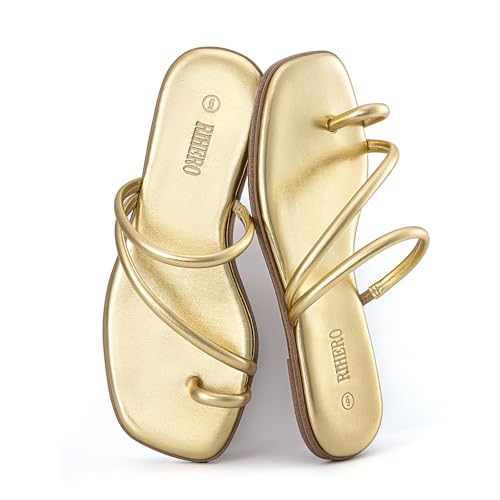 Rihero Women's Slide Sandals Strappy Beach Thong Flat Sandals Square Toe Comfortable Dressy Summer Slip On Flip Flops Gold Size 5.5 — view 6