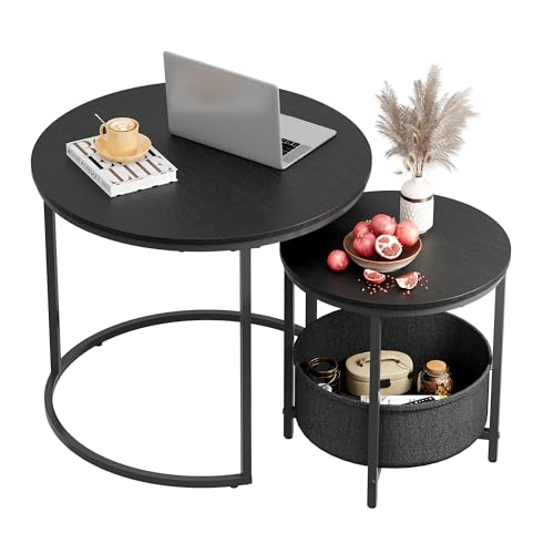 WLIVE Couchtisch Rund mit Stauraum, Beistelltisch Set Schwarz mit Metallrahmen, Wohnzimmertisch klein mit Holzplatte, Nachttisch für Wohnzimmer, Balkon und Büro, Schwarz WLIVE Couchtisch Rund mit Stauraum, Beistelltisch Set Schwarz mit Metallrahmen, Wohnzimmertisch klein mit Holzplatte, Nachttisch für Wohnzimmer, Balkon und Büro, Schwarz