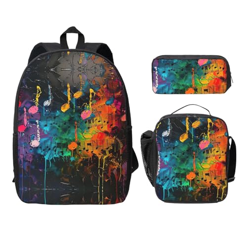 Sac à dos imprimé notes de musique noir avec boîte à déjeuner et trousse d'école 3 pièces