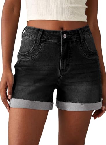 Sidefeel Womens Jean Shorts High Waisted Stretchy Folded Hem Trendy Patchwork Loose Fit Summer Causal Denim Shorts Black Size 4