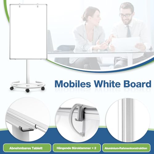 QUEENLINK Pizarra blanca móvil magnética de 60 x 90 cm con soporte, altura ajustable, borrado en seco, pizarra blanca para oficina, enseñanza - imagen 2