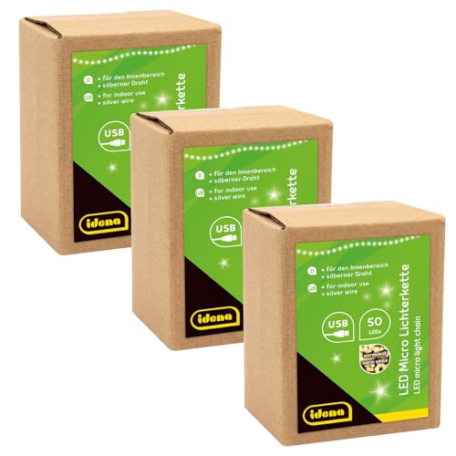 Idena 30257-3-Microcatena luminosa 50 LED in bianco caldo, 3 pezzi con spina USB, ciascuno lungo 2,75 m, interni, per l'artigianato, feste, decorazione natalizia, per matrimoni, argento, 30257-3