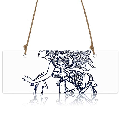 Printed Decorative Sign Hand Painted Ink Painting Mermaid With Anchor Hanging Sign Wall Decor For Living Room Bedroom Bathroom,Home Decoration 3.9" X 11" #TOP2