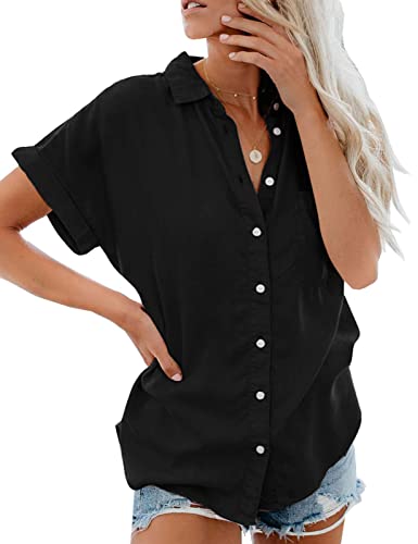 Xnova Chemisier Femme Manches Courtes Col V Chemise T-Shirt Été Couleur Unie Élégant en Mousseline Boutons avec Poche Casual Chic Short-Sleeve Blouse Tops(Noir, L)
